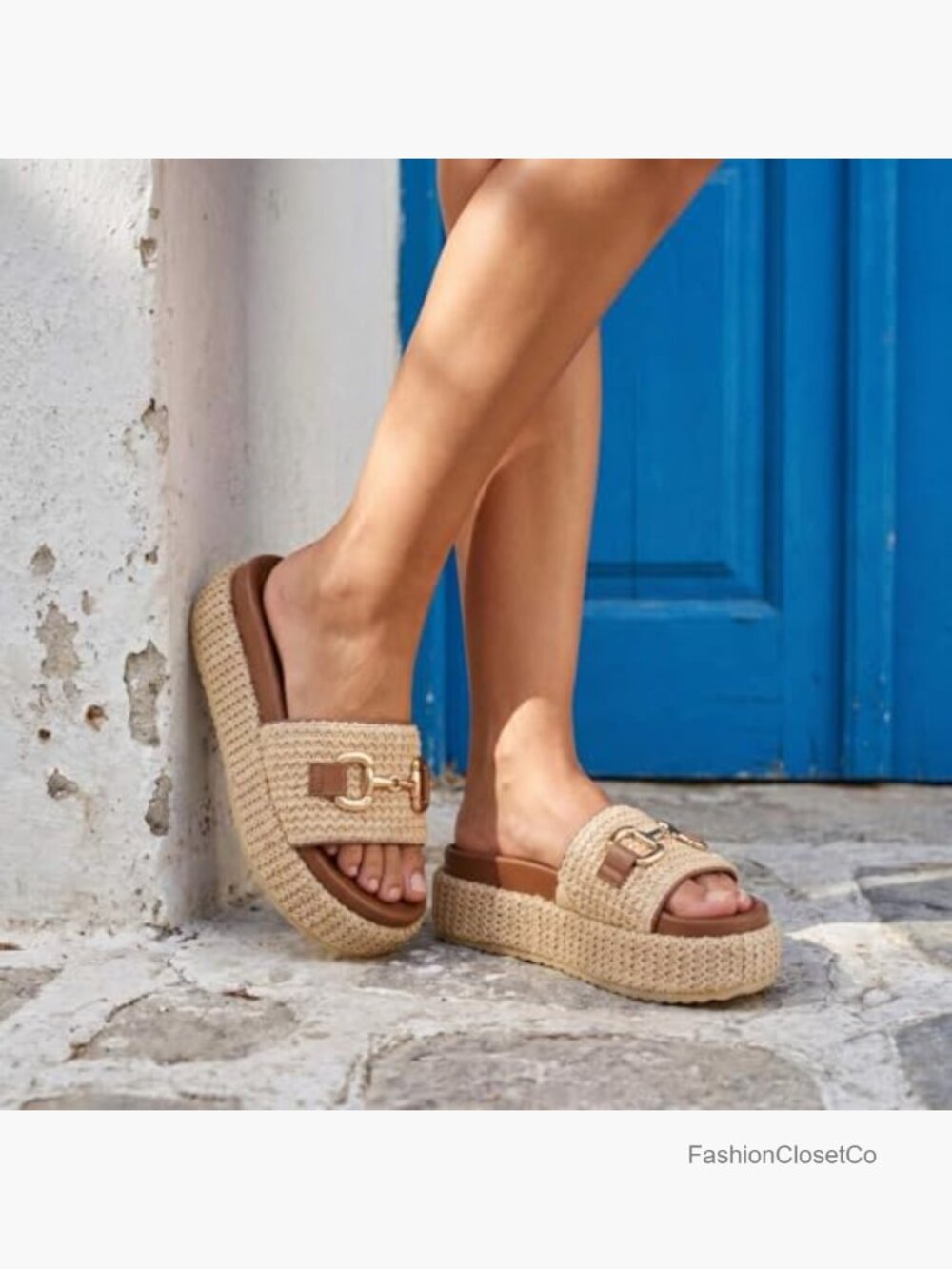 Women's Raffia Platform Sandals Woven Straw Espadrilles Slip On Slides - Picture 2 of 7